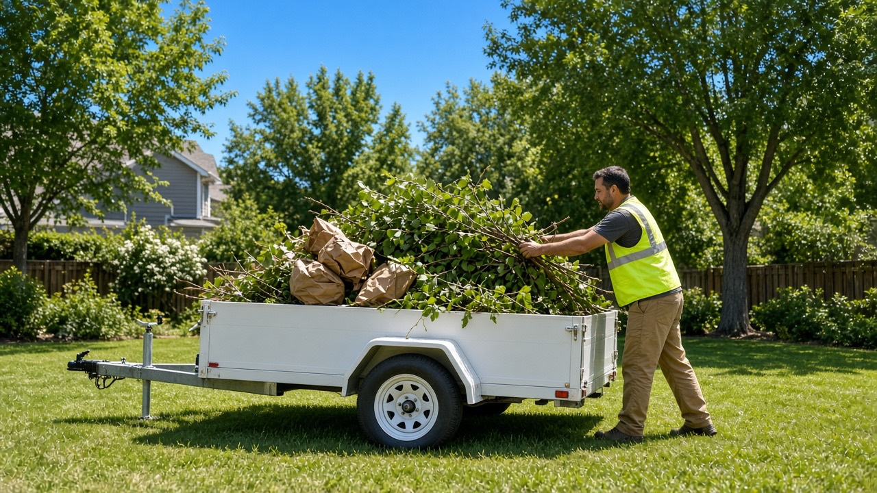 A worker in daylight loading cut limbs and bags onto a trailer